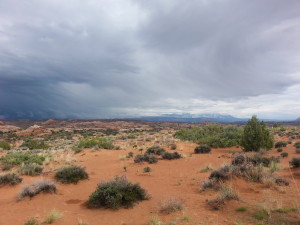 Very low cloud cover at Arches National Park, cross country road trip